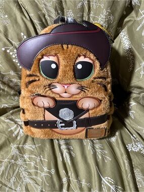 Loungefly Puss in Boots Furry Brown Backpack with Dark Brown Accents